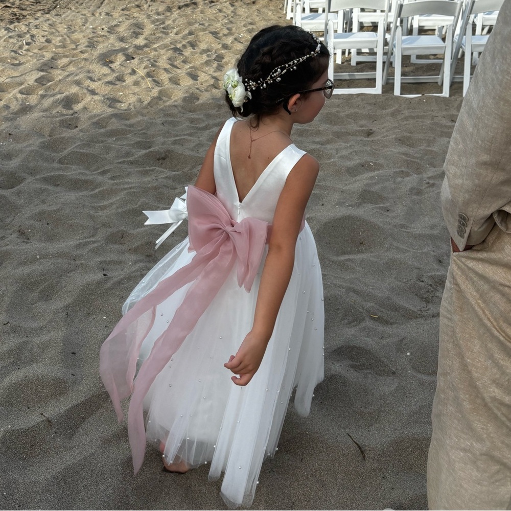 White/pink with Pearl flower girl dress